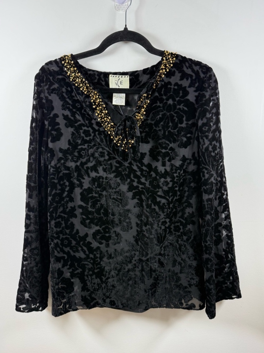 ICE | Vintage Y2K Black Burnout Beaded Blouse Size S